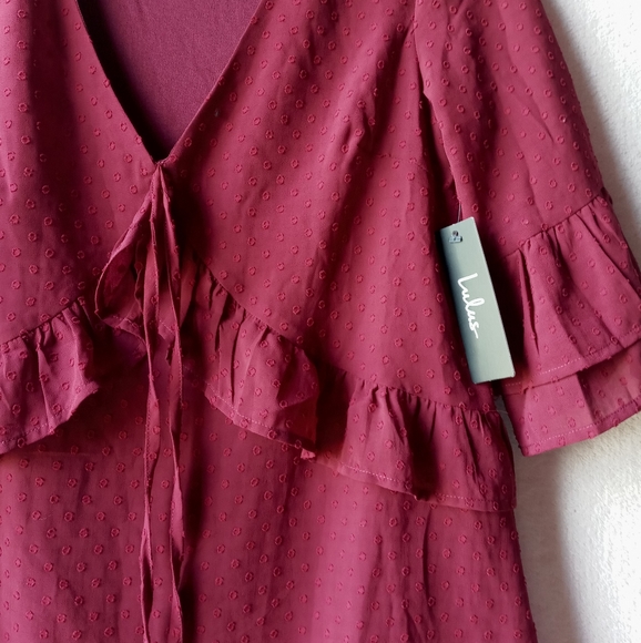Lulu's Daydream Wine Red Swiss Dot Ruffled Dress XS - Picture 8 of 14